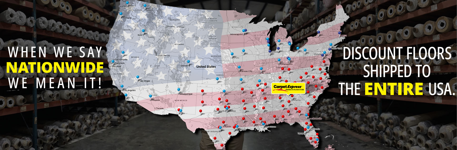 Nationwide Shipping Graphic - Shows Service Areas & Freight Terminals for Shipping Flooring like Carpet, Hardwood, Luxury Vinyl Plank, and Sheet Vinyl 